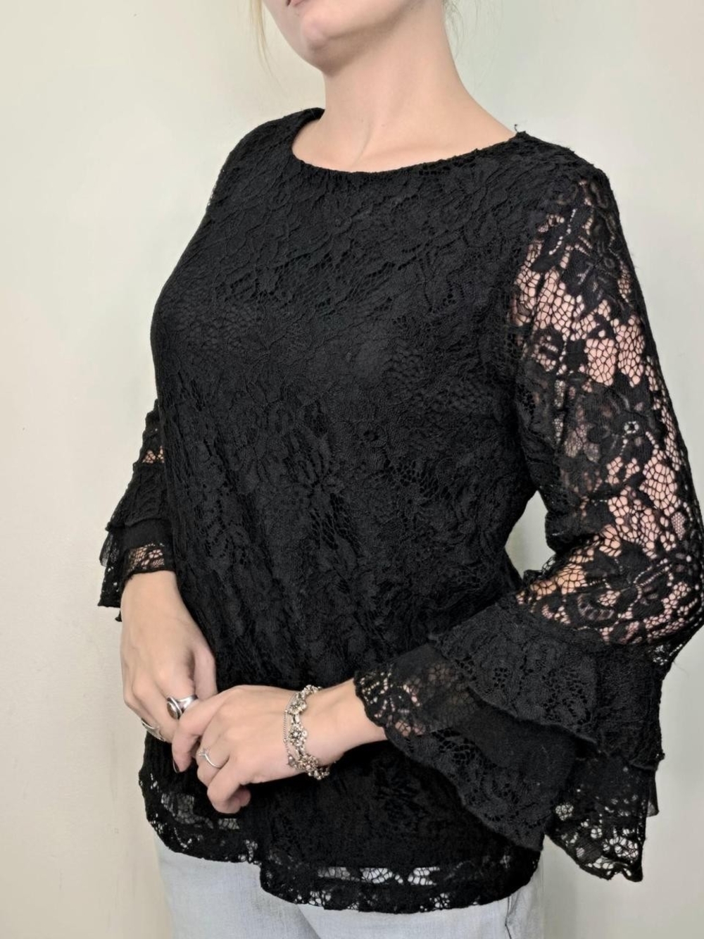 Black Lace Dramatic Bell Sleeve Blouse Size M Whimsigoth Goth